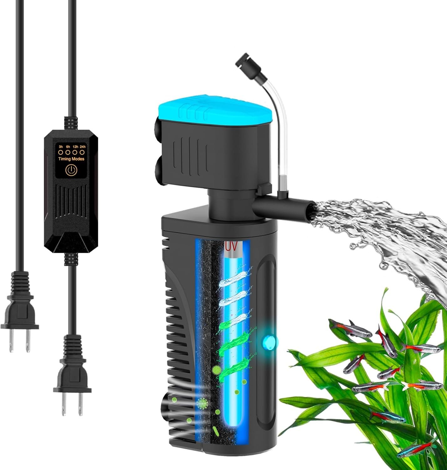 Aquarium Filter with U – V Clarifier for Green Water Cleaning | Fish Tank Filter to Remove Al-gae | Green Killing Machine | Aeration/Rainfall Mode | with Timer | Turtle Tank Filter (10-30Gal)