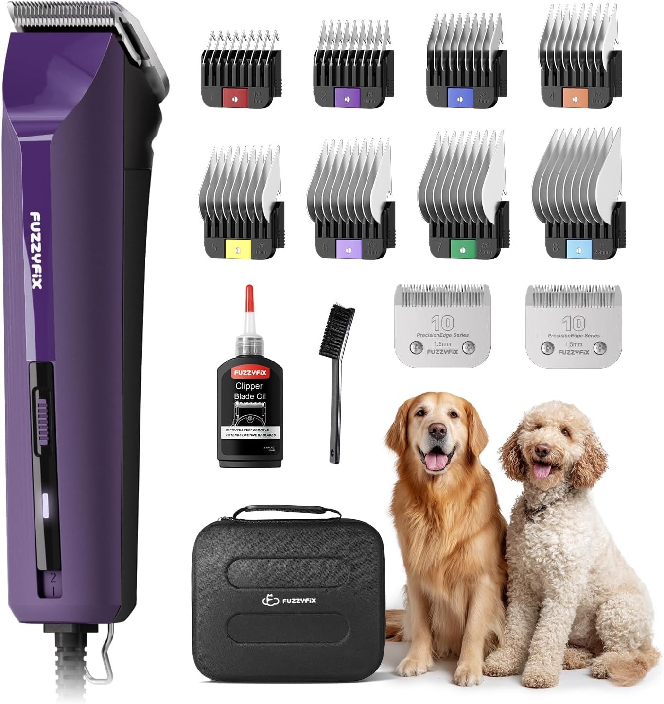 AmpFix Professional Dog Grooming Clippers – 2 Detachable Blade 8 Metal Combs, 2-Speed Heavy-Duty Motor, 10ft Cord, Anti-Slip Shatter-Proof Housing for Pet All Coats