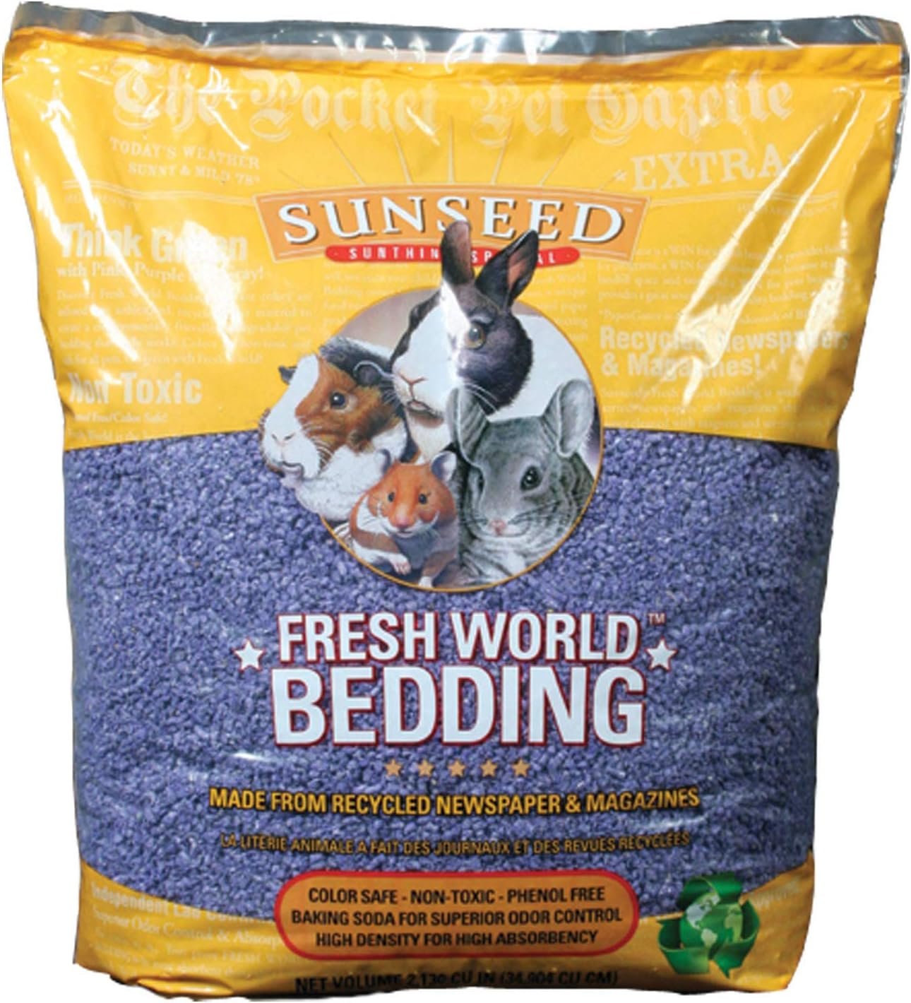 Sun Seed Company SSS18202A Fresh World Small Animals Phenol Free Paper Bedding, 2130 Cubic Inch, Purple