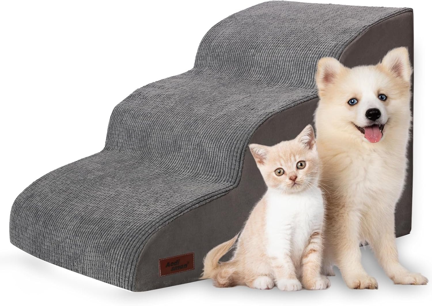 Aodisman 3-Step Dog Ramp and Stairs for Sofa and Chair – Non-Slip Sturdy Pet Steps for Small Dogs and Cats,15.7″ H,Grey