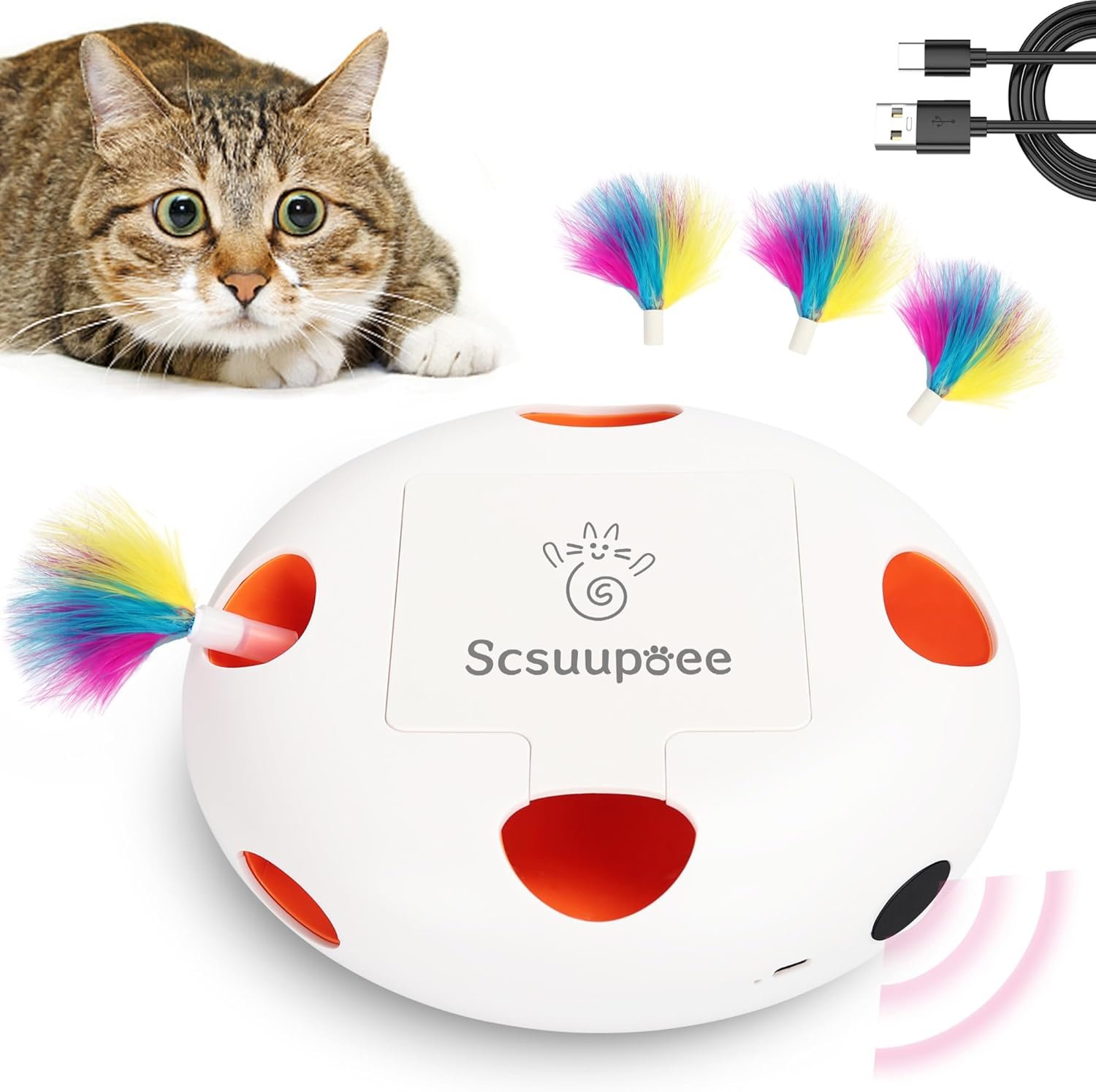 Cat Toys, Rechargeable Interactive Cat Toy, Smart Sensor Pop-Up Feather Toy with 7 Holes, USB Powered Automatic Kitten Toy for Indoor Cats, White
