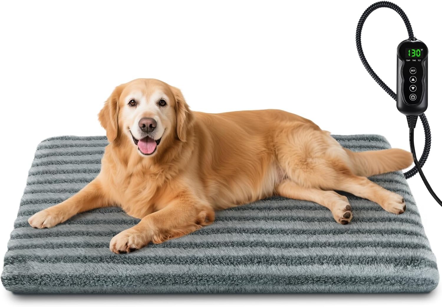 Large Pet Heating Pad, Waterproof Heated Dog Cat Bed with 11 Adjustable Temperatures & 24H Timer, Auto Shut-Off, Chew-Resistant Cord, Washable Cover, Indoor Electric Heating Mat, Grey, L(35″ x 24″)