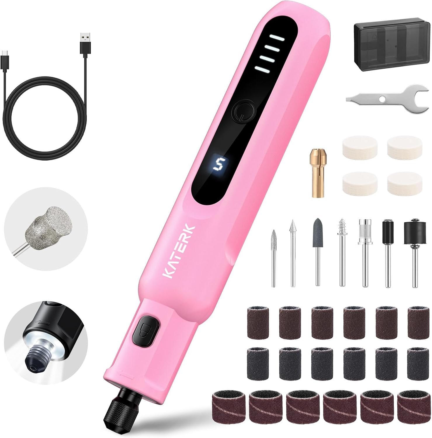 Katerk Pet Dog Nail Grinder – 5 Speed Quiet Electric Dog Nail Trimmer with 360°LED Light, 2500mAh Rechargeable, 32PCS Cordless Rotary Tool for Small Medium Large Dogs & DIY Sanding, Carving (Pink)