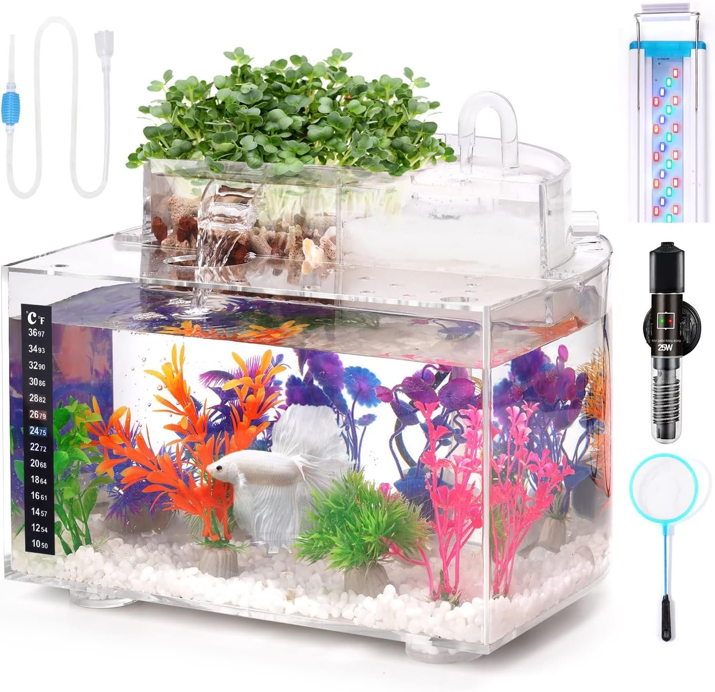 Betta Fish Tank Kit, 2.5 Gallon Aquarium Self-Cleaning with LED Light, Filter, Heater, Decorations and Accessories – Ideal for Hydroponic Growing System and Aquaponics