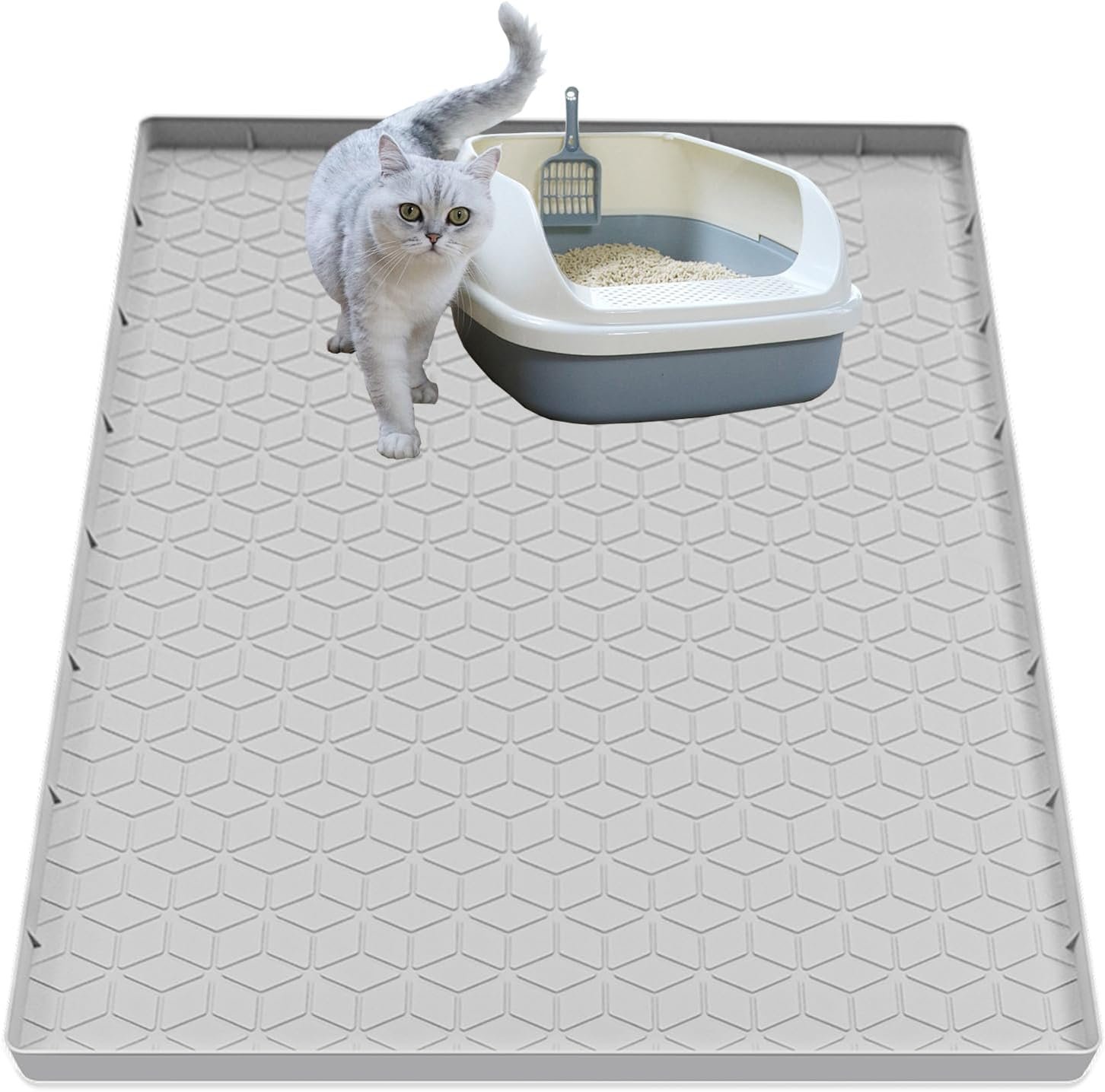 Cat Litter Mat for Litter Box, Silicone Large Cat Litter Trapping Mat – 34×22 in, Waterproof & Non-Slip, Durable & Easy Clean, Light Gray