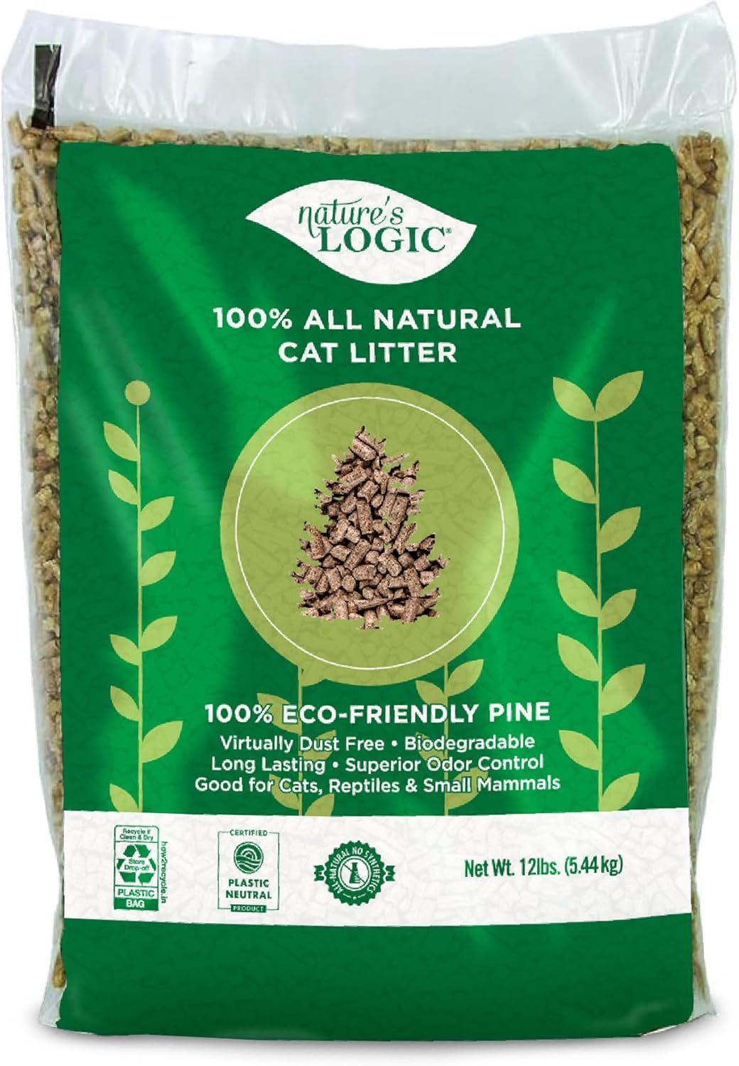 Nature’s Logic 100% Natural Pine Pellet Cat Litter – 100% Ponderosa Pine, Dust-Free, Unscented, Biodegradable – Safe for Cats, Kittens, Reptiles & Small Pets – Highly Absorbent – 12 lb Bag