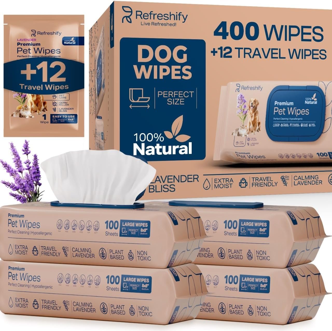 REFRESHIFY Dog Wipes for Paws and Butt – Plant Based Lavender Scented (Pack of 400) – Pet Wipes for Dogs and Cats – Deodorizing Non Toxic Dog Wipes, +12 Additional Travel Wipes