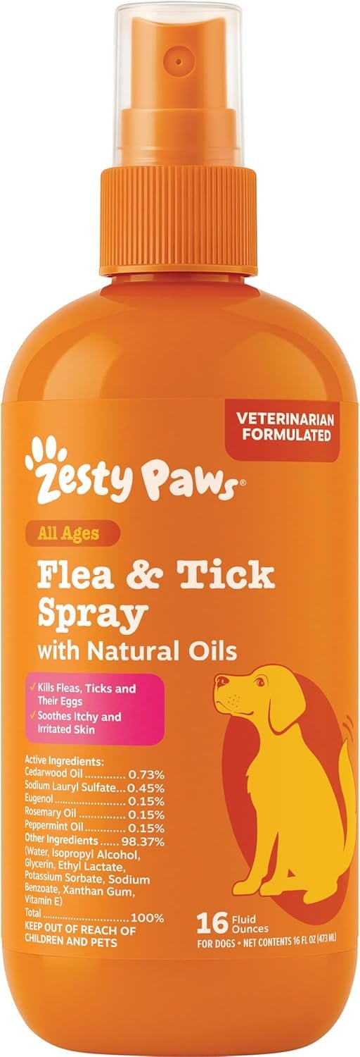 Zesty Paws Flea and Tick Spray for Dogs – Kill Fleas, Ticks & Their Eggs – Veterinarian Formulated – Soothes Itchy & Irritated Dog Skin – Cedarwood Oil, Rosemary Oil & Peppermint Oil
