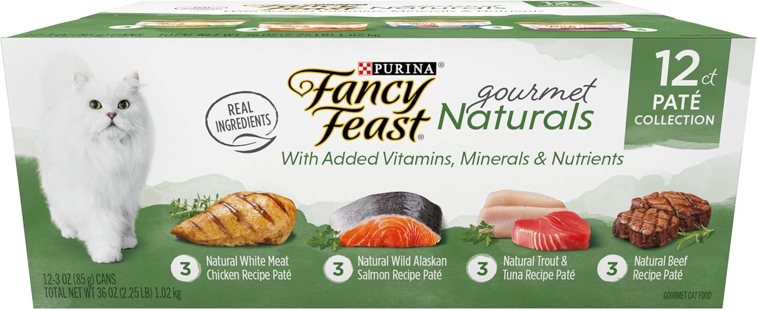 Purina Fancy Feast Grain Free Wet Cat Food Pate Variety Pack Gourmet Naturals–Beef, Chicken, Salmon, Trout and Tuna – (2 Packs of 12) 3 oz. Cans