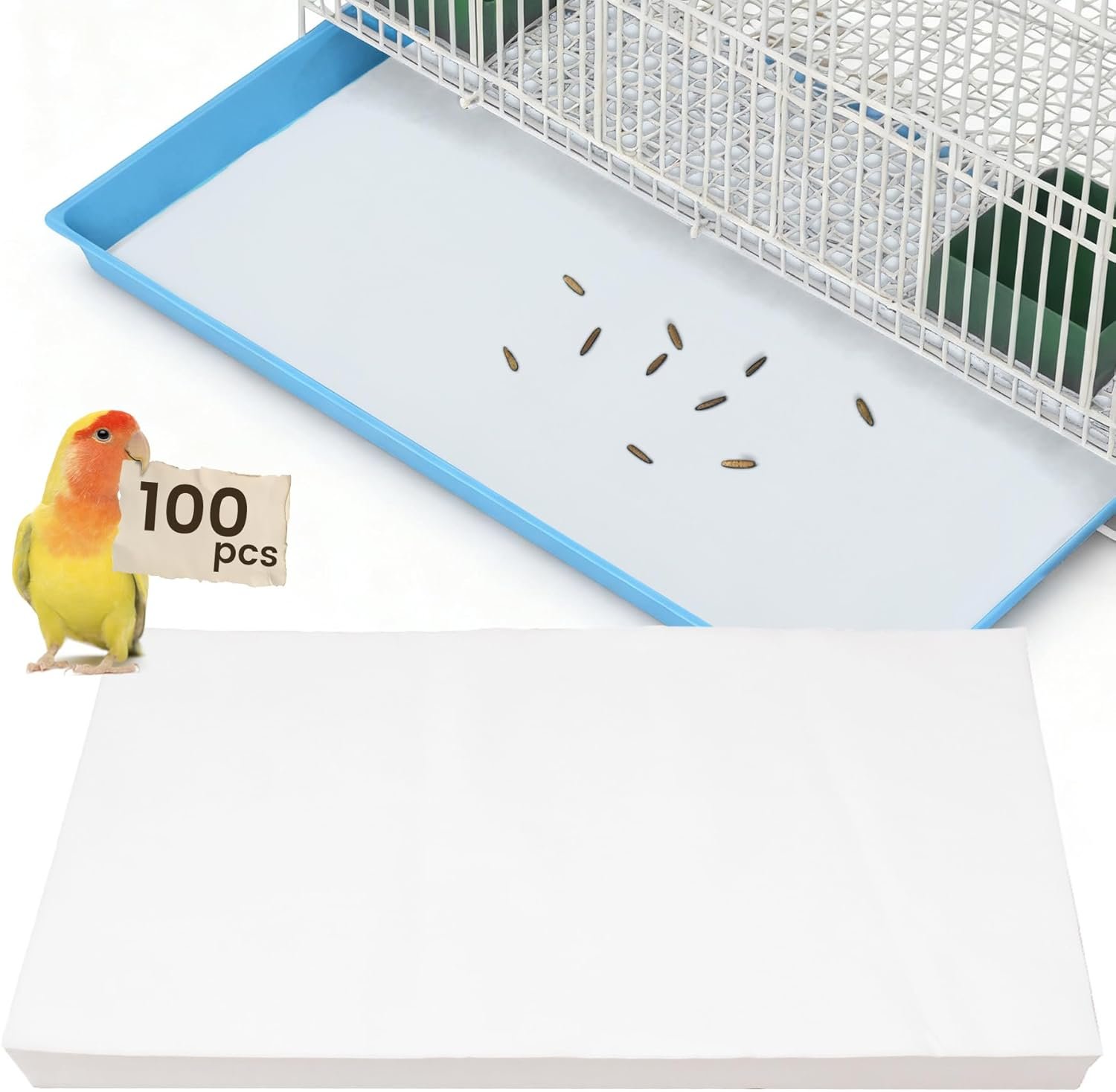 23.6×16.9in Bird Cage Liners – 100 Sheets Pre-Cut Disposable Cage Tray Liners, High Absorbent Non-Woven Pads for Parrots, Cockatiels and Small Animals