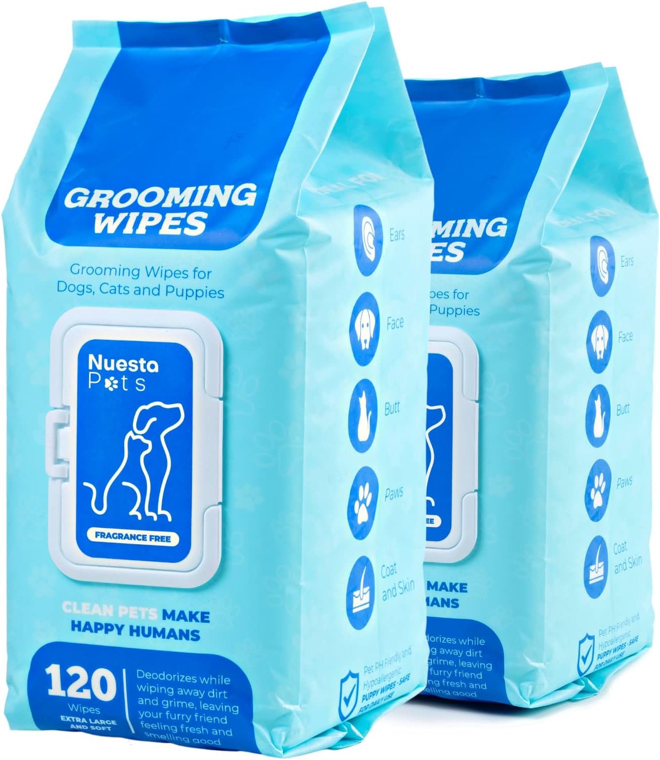 Pets XL Hypoallergenic Pet Wipes – Deodorizing No Bath Cleaning for Dogs & Puppy Grooming Ear, Face, Butt, Paw Wet Wipe w/Aloe, Chamomile, Oat Amino Acids | 2 Packs of 120 Wipes