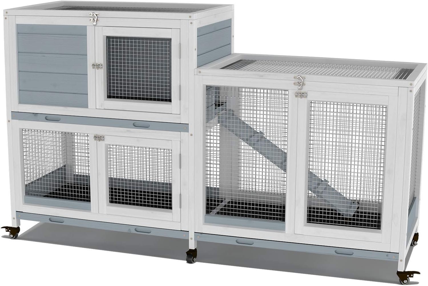 GDLF Two Floors 58″ Wooden Indoor Bunny Hutch Rabbit Cage on Wheels Guinea Pig PET House for Small to Medium Animals Waterproof No Leak Tray