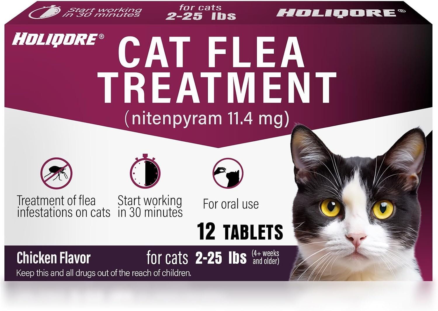 (nitenpyram) Cat Flea Treatment, Fast-Acting Oral Flea Tablets for Cats and Kittens 2-25 lbs, Flea Treatment for Cats Start Working in 30 Minutes, Chicken Flavor, 12 Doses