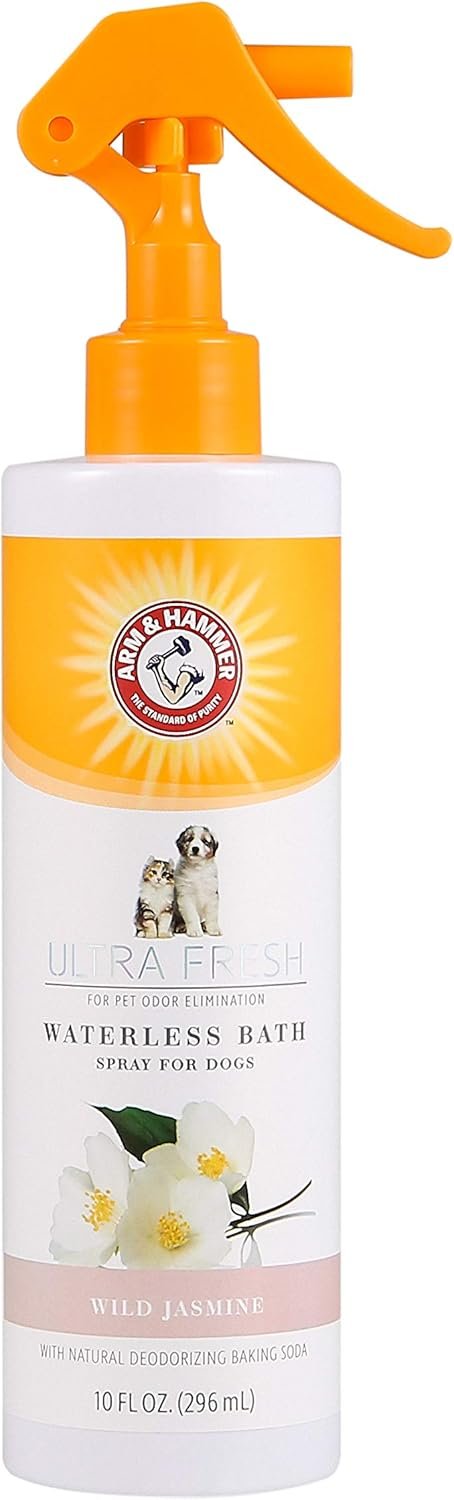 Arm & Hammer Ultra Fresh Waterless Dog Bath Spray, Baking Soda Deodorizer No-Rinse Dry Dog Shampoo for Between-Bath Odor Control and Coat Freshening, White Jasmine Scent, 10 Fl Oz