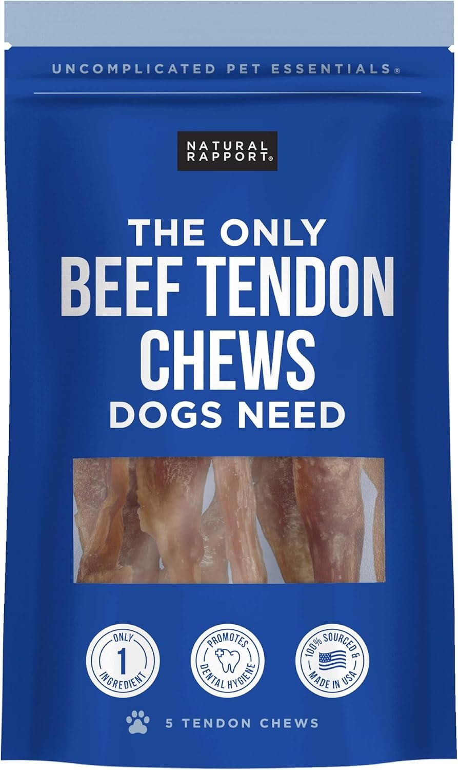 Natural Rapport Beef Tendon Dog Chews – Single Ingredient, Long Lasting, Promotes Dental Health & Joint Support (5 Count)