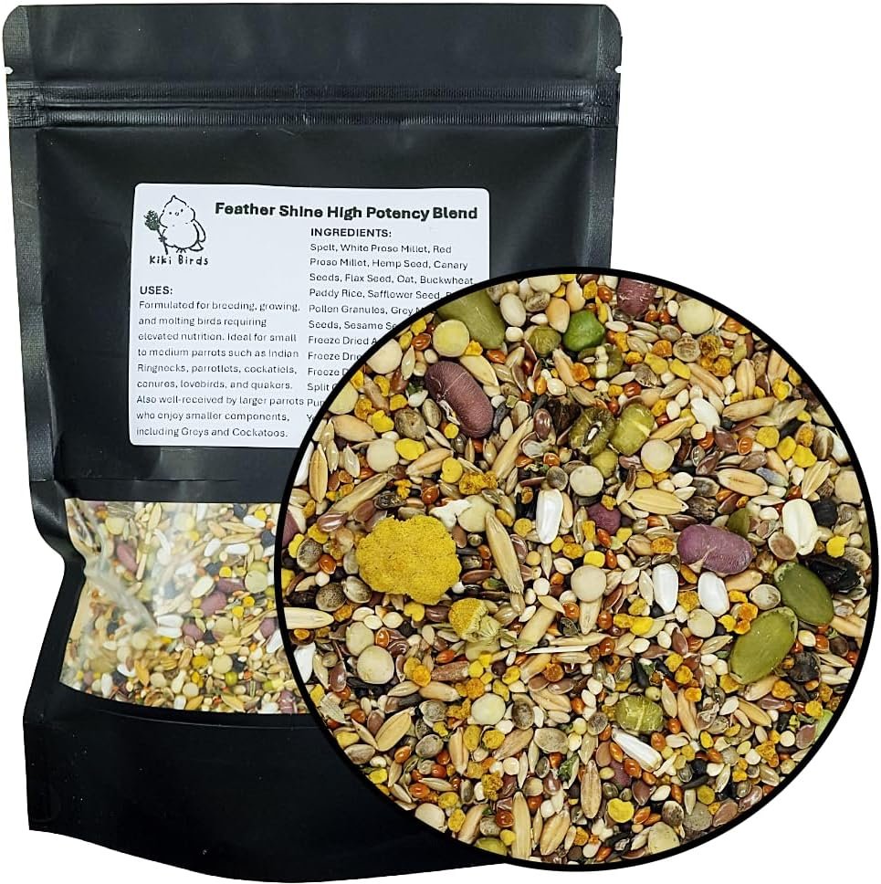 Feather Shine High Potency Blend with Bee Pollen & Freeze-Dried Sprouts – Premium Parrot Food for Molting, Breeding & Growth – Omega Rich | 17.5% Plant Protein | USA-Made