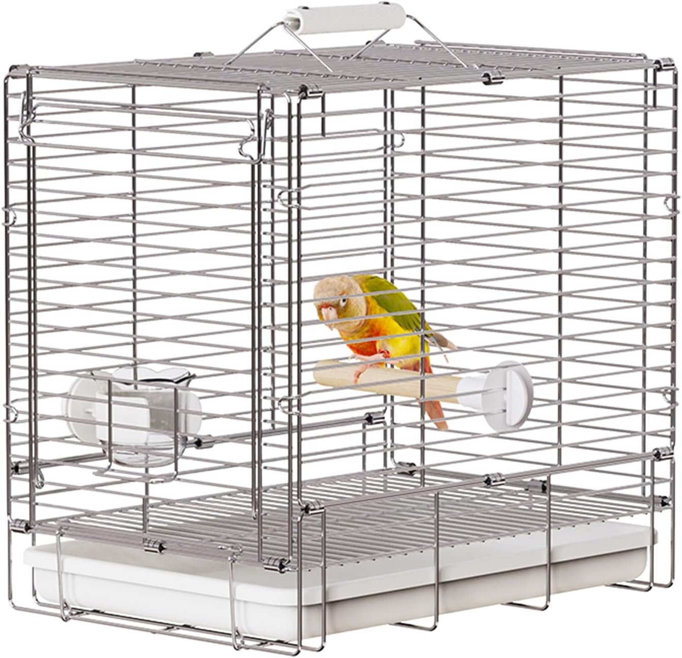 Bird Carrier Travel Cage – 304 Stainless Steel Portable Folding Bird Travel Cage with Parrot Feeder Cups & Standing Perch for Smaller Birds Conures Lovebird Cockatiel Parakeets (White)