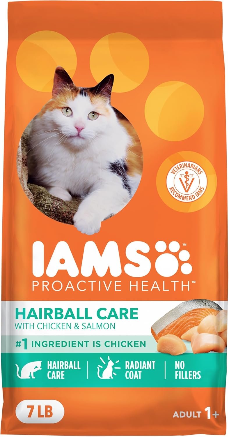IAMS Proactive Health Dry Cat Food Hairball Care, Adult Cat Food, with Real Chicken and Salmon, 7 lb. Bag