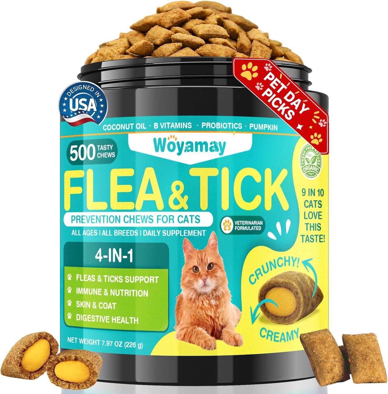 Woyamay 4-IN-1 Flea and Tick Prevention for Cats, 500 Crunchy & Creamy Chews, Cat Flea Treatment, Natural Oral Flea Treatment for Cats, Daily Support for Flea, Immune, Skin & Coat, Gut, Chicken Flavor