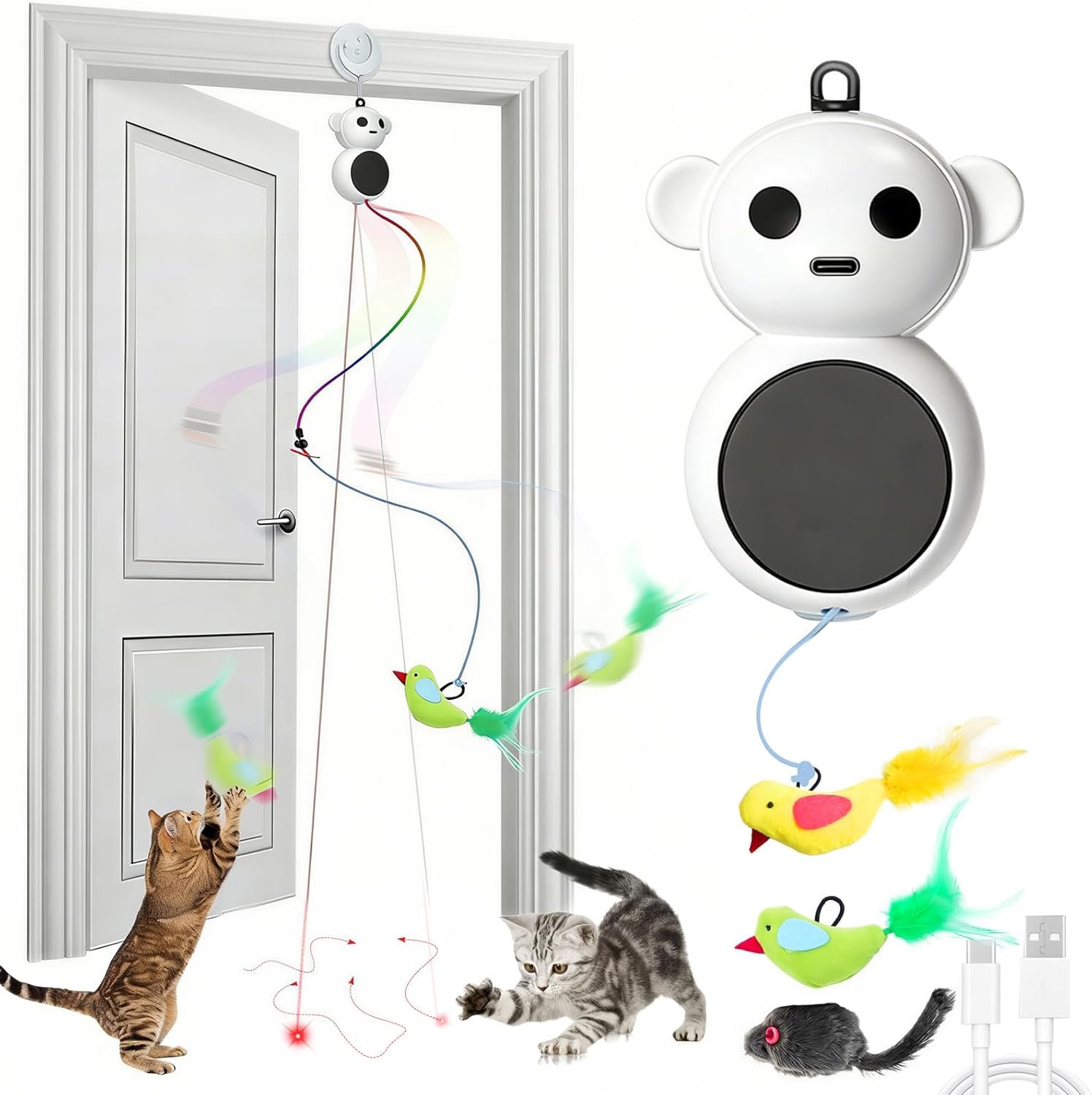 Interactive Cat Toys for Indoor Cats – 2 in 1 Automatic Laser Pointer Cat Toy with Flying Bird，Smart Moving Wand Toy with 2 Modes, Doorway Hanging Toys Safe for Bored Kitten & Adult Cats