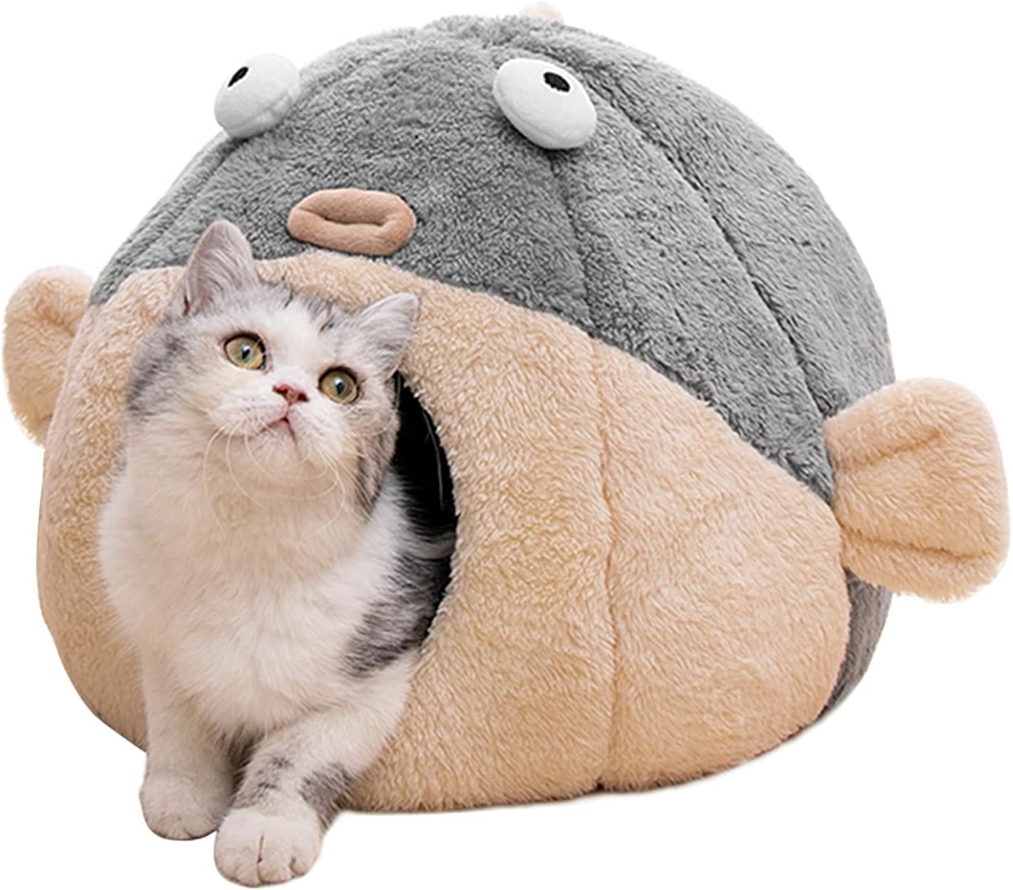 Cat Beds for Indoor Cats – Cat Bed Cave with Removable Washable Cushioned Pillow, Soft Plush Premium Cotton No Deformation Pet Bed, Lively Pufferfish cat House Design, Grey, Multiple Sizes