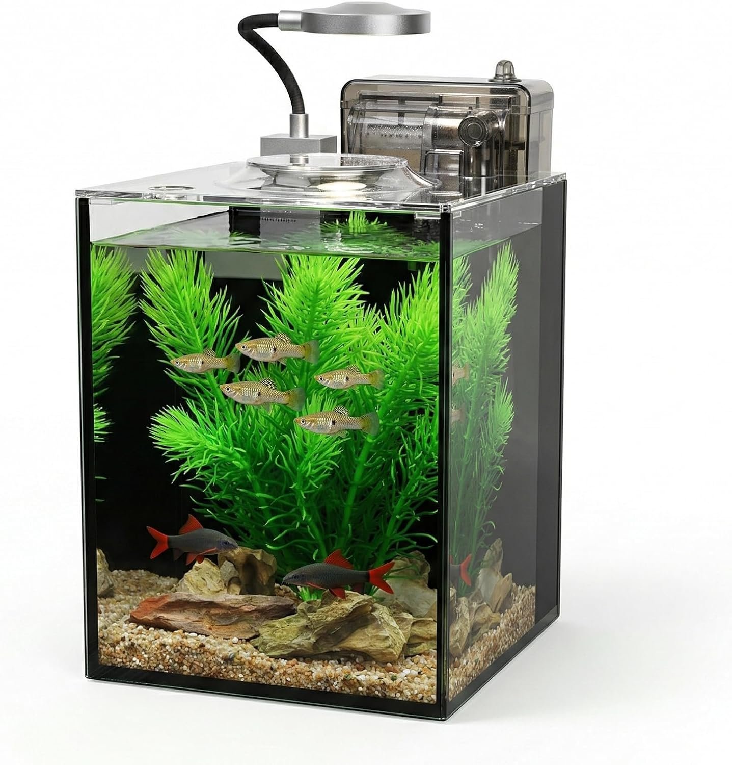 1.2 Gallon Small Aquarium Set Glass Fish Tank,Desktop Small Aquarium Kit for Beginners and Children to Keep Betta Fish, Goldfish, Shrimp, and Aquatic Plants (Black, 1.2 Gallon (Complete Kit))