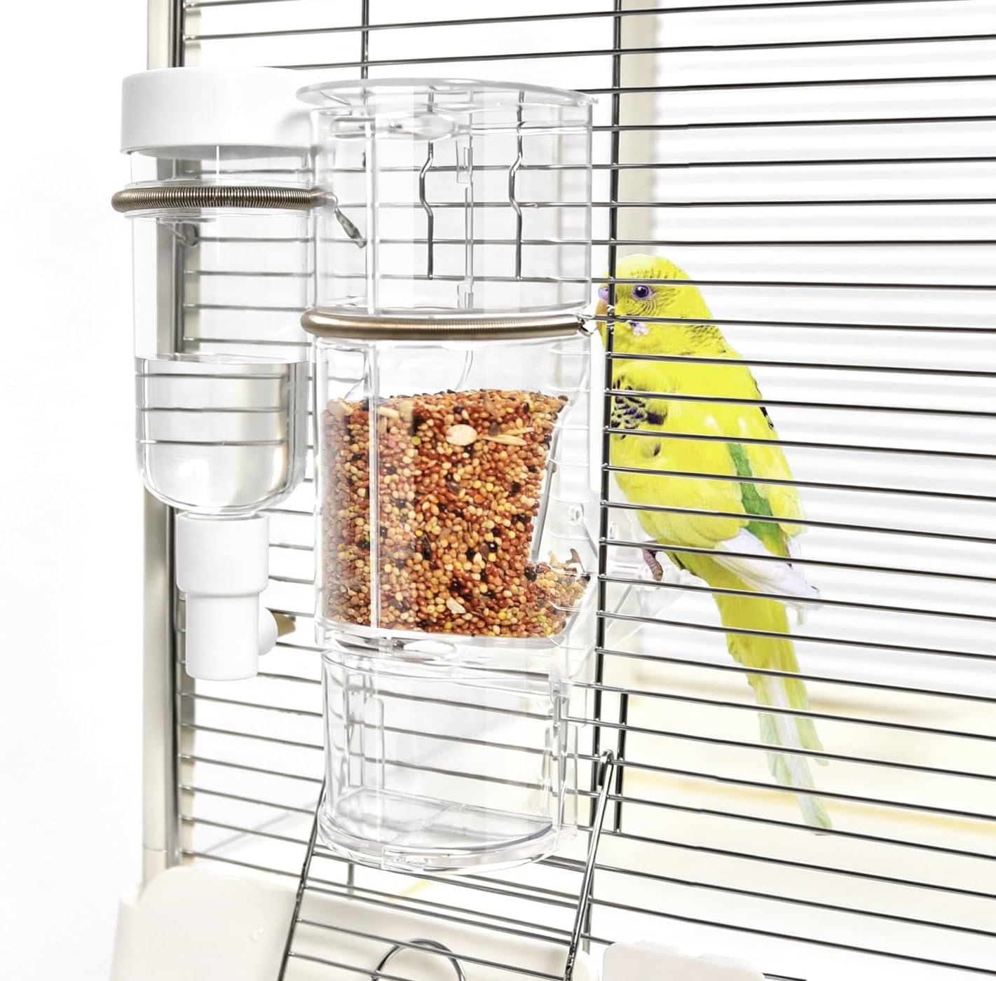 No Mess Automatic Bird Feeder & Water Dispenser Set, Transparent Parrot Cage Accessories – Food Container and Drinker for Parakeets, Cockatiels, Finches, Lovebirds, Budgies, Canaries