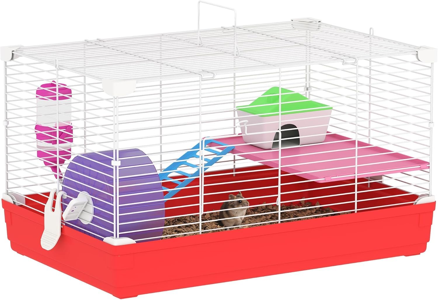 PawHut 18.5″ Hamster Cage with Exercise Wheel and Water Bottle, Dish, Rat House and Habitat 2-Story Design, Red