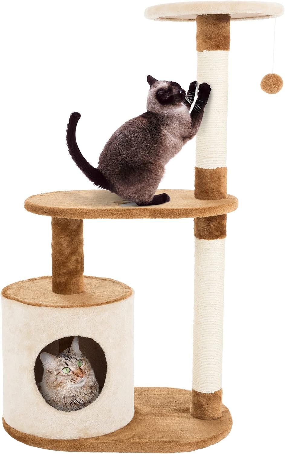 PETMAKER Cat Tree Condo 3 Tier with Condo and Scratching Posts, 37.5″, Brown and Tan