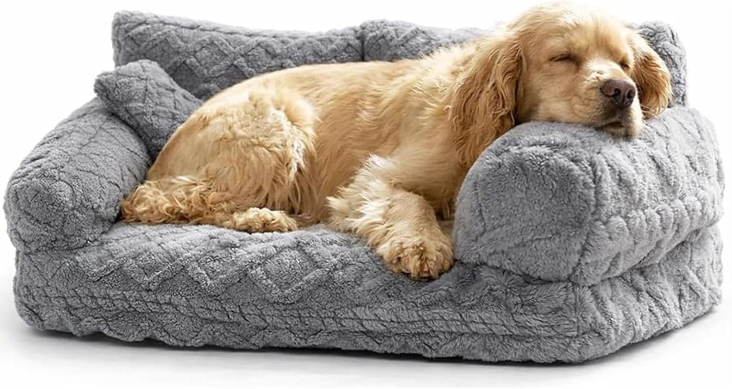 Plush Calming Pet Sofa Bed for Dogs with Removable Washable Cover, Fluffy Plush Pet Furniture Protector, Non-Slip Bottom, Raised Rim Anxiety Relief Bed for Small to Large Pets (Light Grey,Medium)