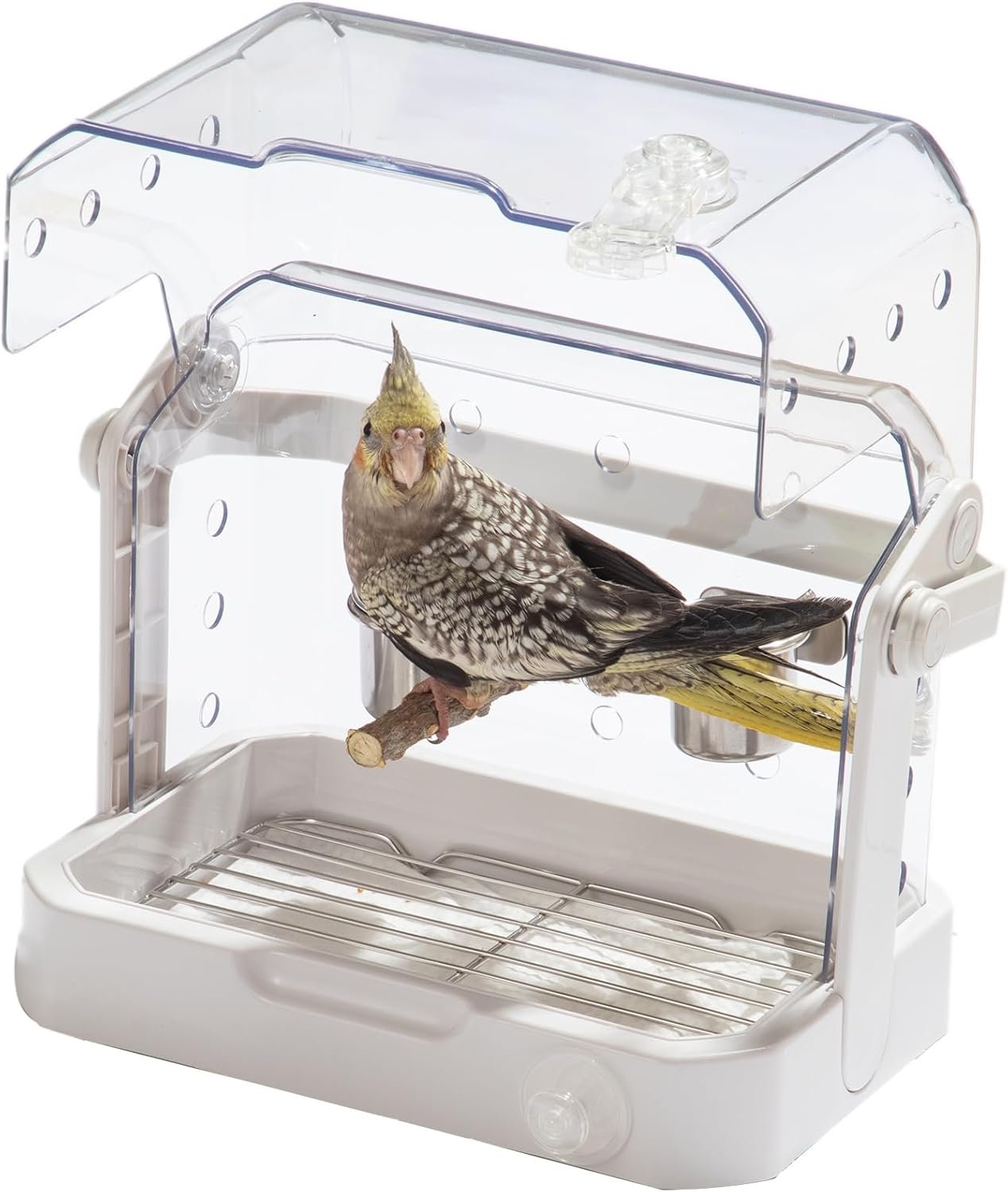 Bird Travel Cage, 10×6.7×8.3 Inches Waterproof & Sturdy Pet Carrier with Perch & Food Bowls, Portable Cage for Budgies, Cockatiels, Lovebirds & Small Birds