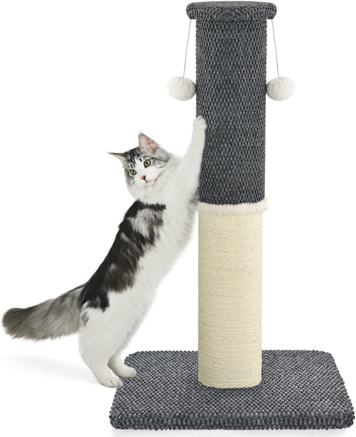 Made4Pets Tall Cat Scratching Post, Heavy Duty and Thicker Scratching Posts for Indoor Cats Adults, 33″ Natural Sisal Cat Scratcher with Hanging Balls, Sturdy Base Cat Scratch Post, Dark Grey