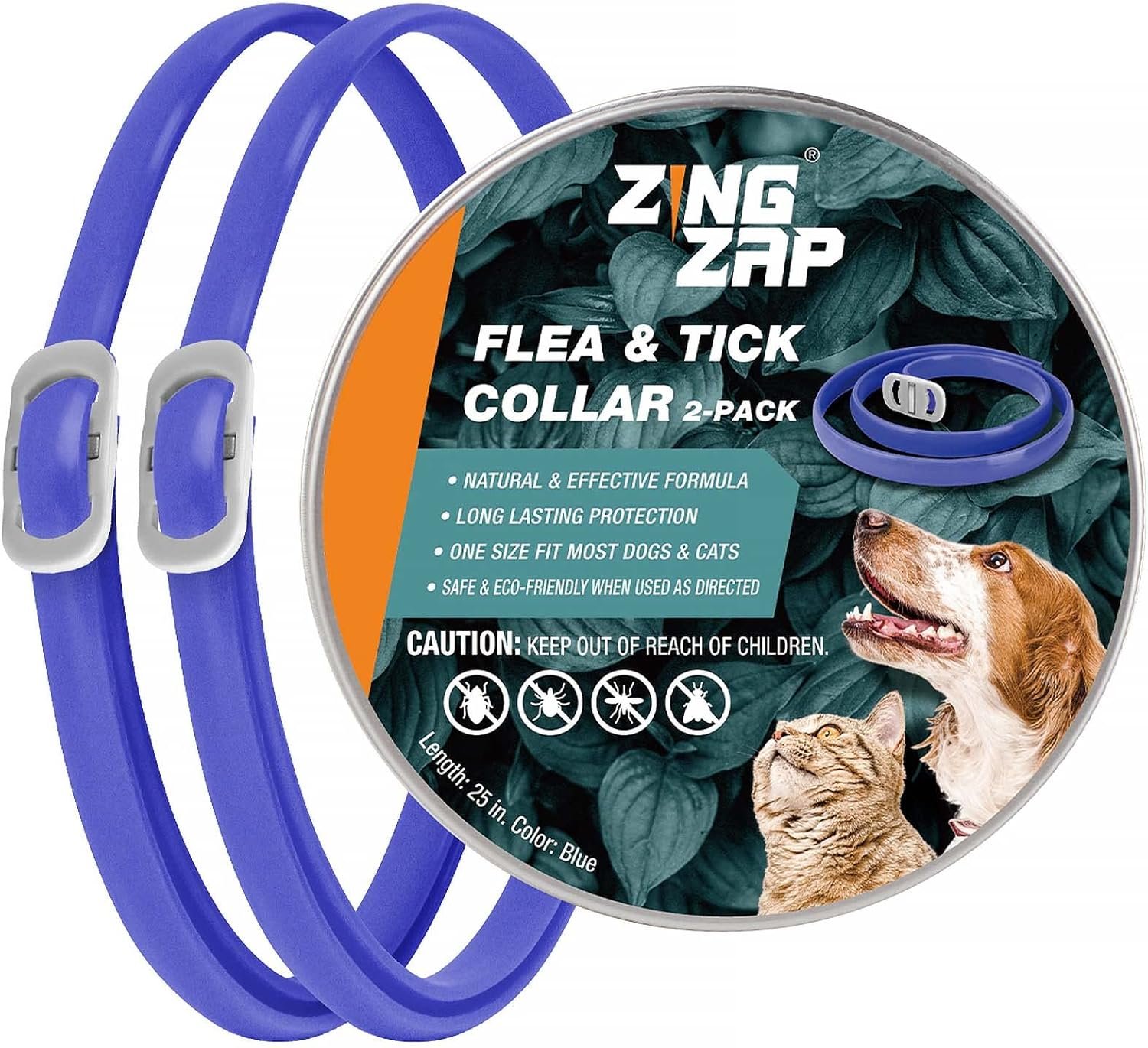 ZingZap Flea & Tick Collar 2-Pack Blue, Protects from Biting Insects, Adjustable Fits Both Dogs & Cats, Built-in Plant Based Formula, Slow-Release Lasting Protection, Waterproof