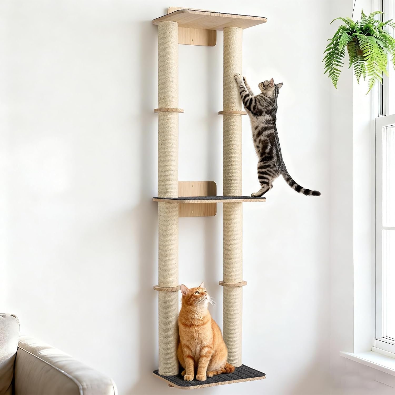 Veehoo Cat Wall Shelves, 57″ Cat Wall Climber with Dual Sisal Scratching Posts and Carpeted Perch, Cats Wall Scratcher Furniture for Climb, Play and Rest