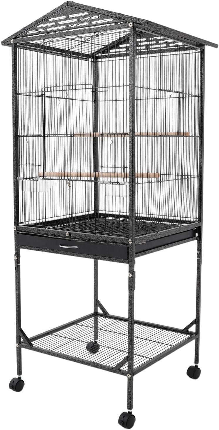 Extra Large Bird Cage 54Inch Wrought Iron Bird Cage with Rolling Stand Metal Parrot Cage with Open Play Top Perch Stand for Conures Lovebirds Cockatiels Finches (Black)