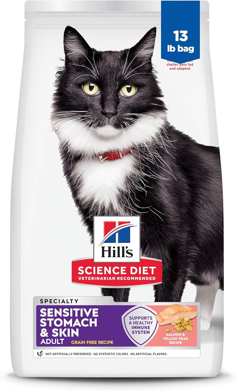 Hill’s Science Diet Adult Sensitive Stomach & Skin Grain Free Dry Cat Food, Salmon & Yellow Pea, 13 lb. Bag (Updated Formula)