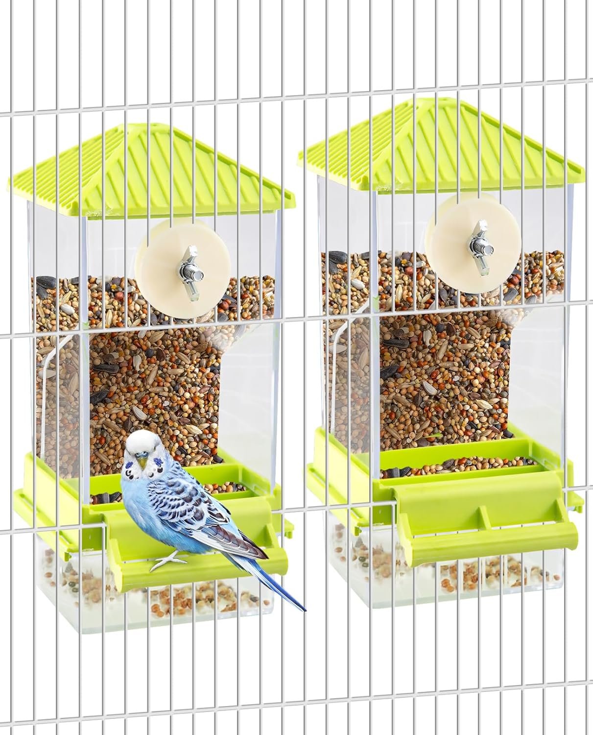 Hamiledyi 2 Pcs Automatic Bird Feeder No Mess Bird Cage Feeder Seed Food Container with Perch Transparent Parrot Cage Accessories for Parakeets, Budgies, Cockatoos, Finches, Lovebirds (Green)