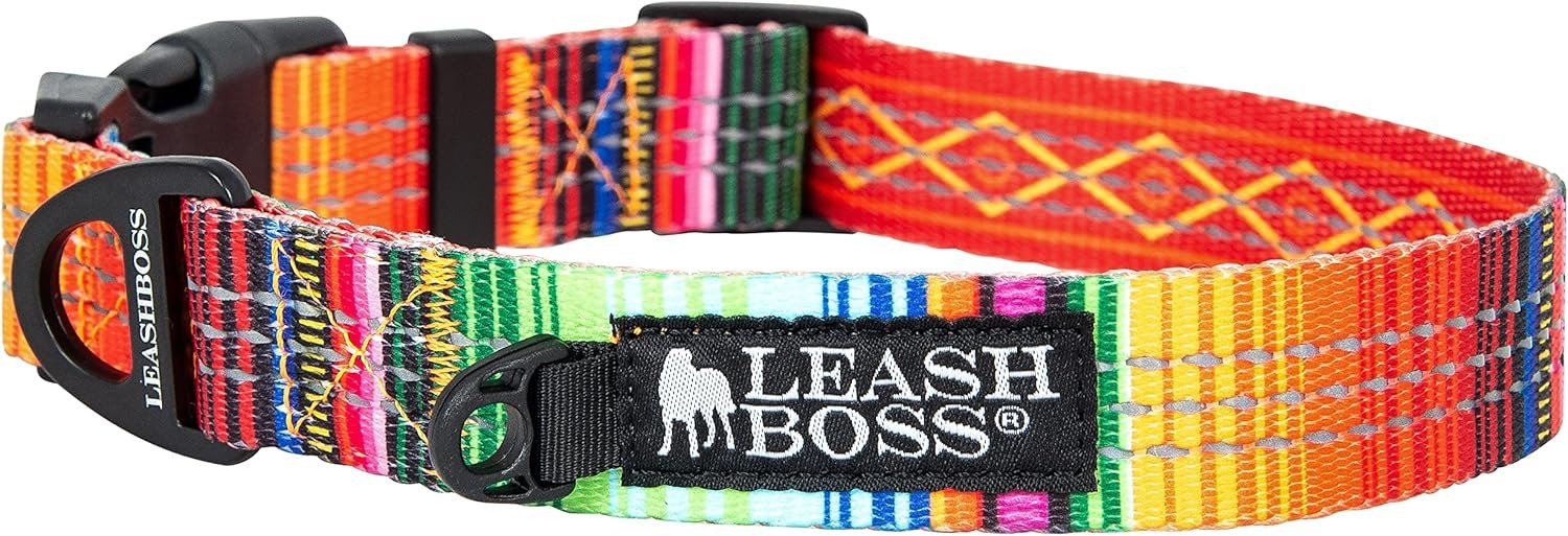 Leash Boss Patterned Reflective Dog Collar, Pattern Collection, Colorful Dog Collar with Triple Reflection Threads for Small, Medium and Large Dogs (Large 16.5″-25″ Neck x 1″ Wide, Blanket Pattern)