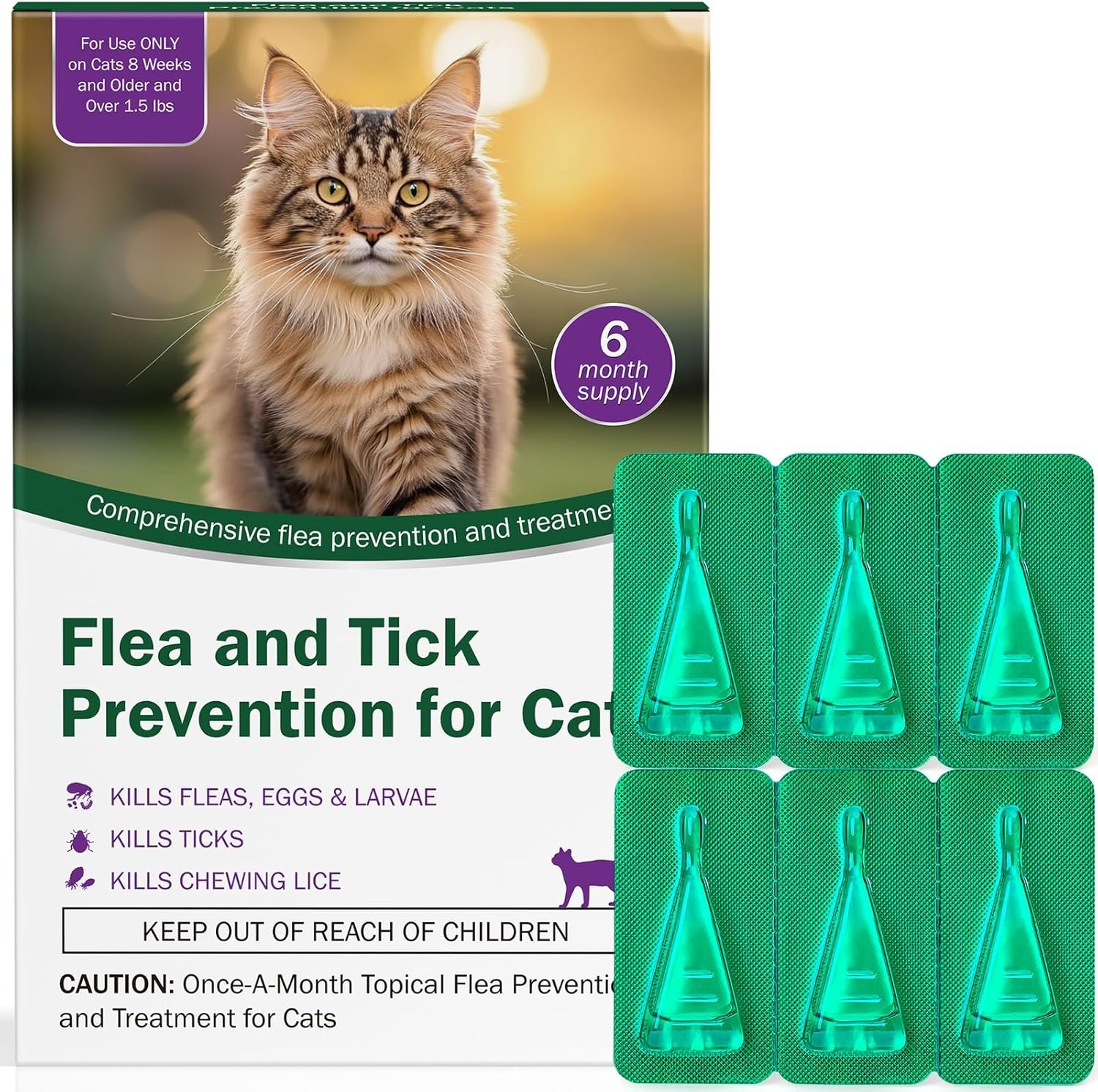 Cat Flea and Tick Prevention & Treatment – Flea and Tick Prevention for Cats, 6-Month Supply, Flea Control, Repellent, Suitable for Cats Over 1.5 lbs, Flea Supplements