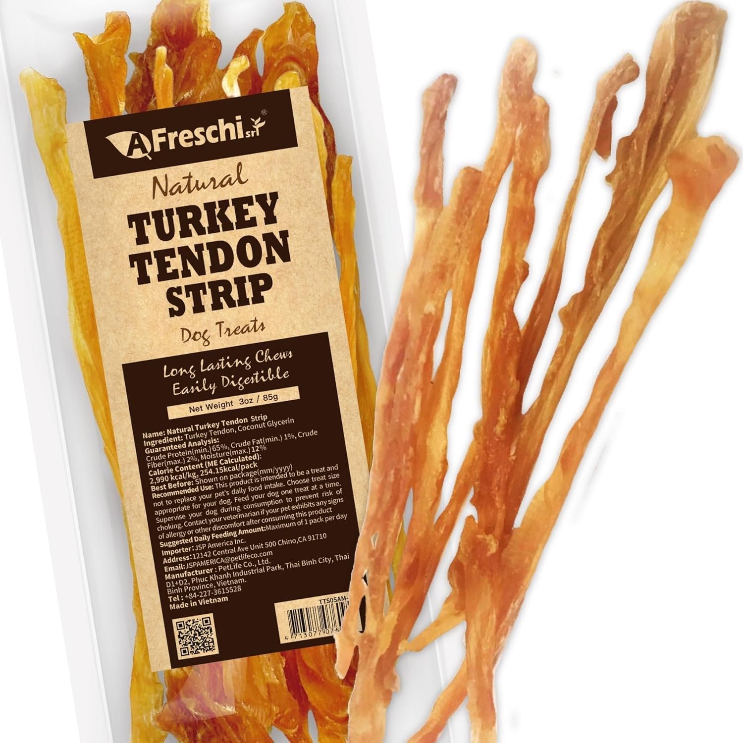 A Freschi srl Turkey Tendons for Dogs, USA-Sourced Human Grade, Rawhide-Free Long-Lasting Puppy Chews, All Natural Hypoallergenic Dog Treats for Small Breeds, Strips, 3oz Pack