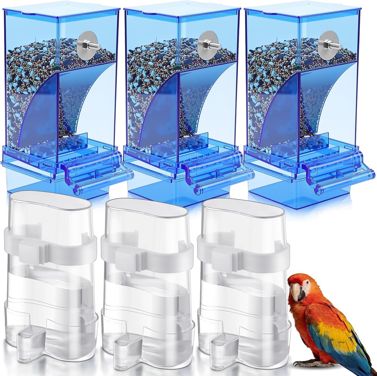 Yaomiao 6 Pcs No Mess Bird Feeders Automatic Clear Parrot Water Dispenser Acrylic Quail Feeder and Watered Cage Accessories Indoor for Small and Medium Parrot Cockatiel Canary (Blue Feeder)