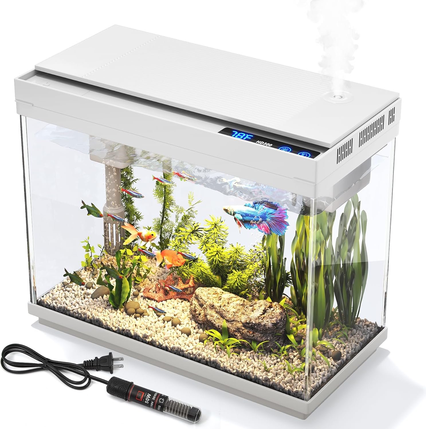 Vehipa Aquarium, 2.4 Gallon Betta Fish Tank with Heater, Humidifier 3 in 1 Pump – Filteration & Oxygenation & Circulation, Temperature Display, HD Glass, Timed 7-Color Lights