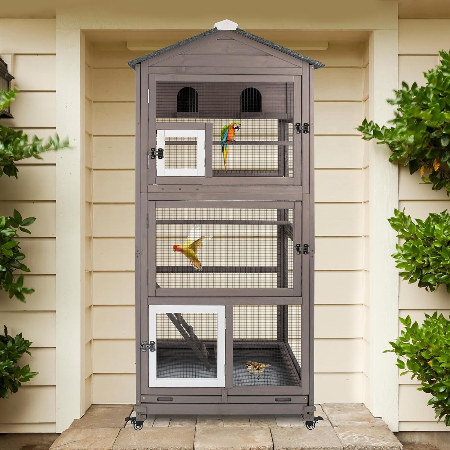 Gowoodhut 68.8″L Outdoor Bird Aviary Indoor Wooden Large Bird Cage Parakeet Cage on Wheels,Removable Wire Netting Slide Pull Out Tray, 2 Perches, Nest House,Ideal for Small Birds,Finches,Parrots,Grey