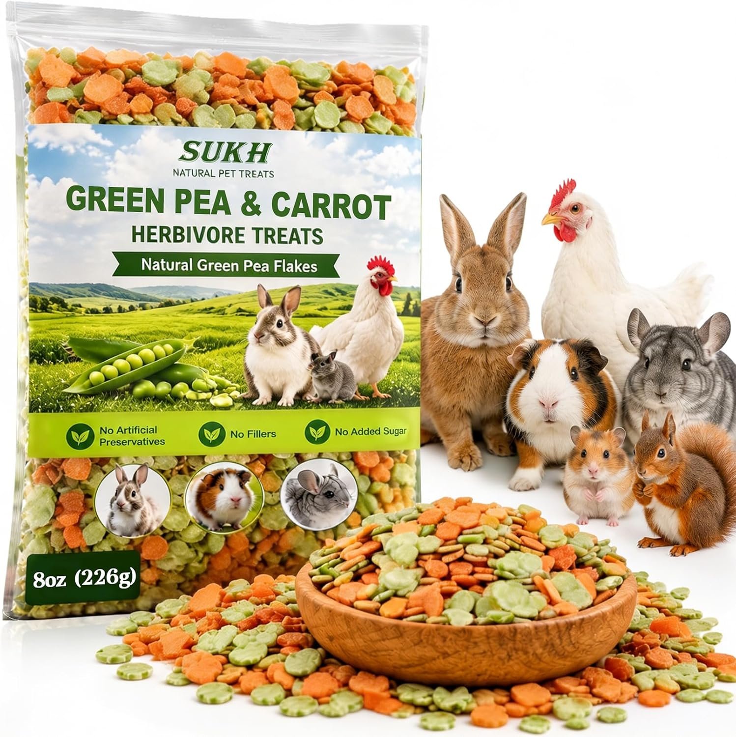 Sukh 8 oz Carrots & Pea Flakes – Small Animal Treats for Guinea Pigs, Dried Peas and Carrots Blend Bunny Rabbit Treats, Crunchy Vegetable Treat for Chinchilla Hamster Gerbil & Small Pets