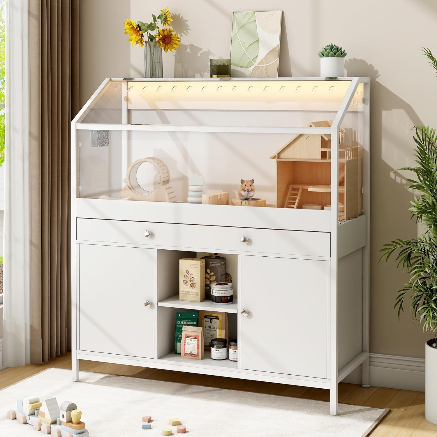 Hamster Cage with Storage Cabinet,43.3″ Small Animal Cage with LED Lights and Fan, Easy View Acrylic Panel, Large Habitat for Guinea Pig, Hedgehog,Rat 43.3″x 15.7″x 43.3″