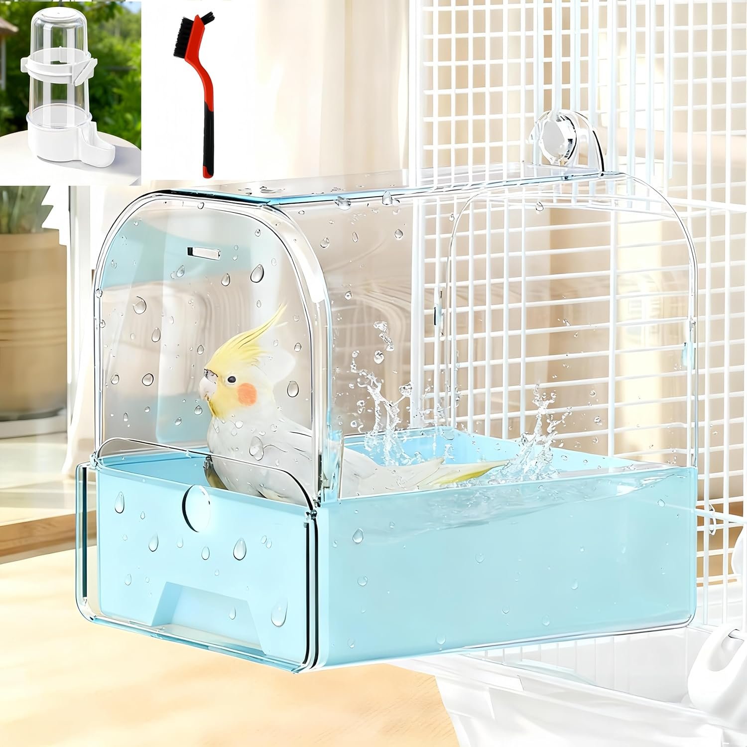 Hanging Bird Bath for Cage, 4-in-1 Multifunction Bath/Feeder/Brush for Small Medium Birds Parakeet, Cockatiel, Lovebird, Essential Bird Cage Accessories Indoor, 8.5×7.1×6.9 Inch