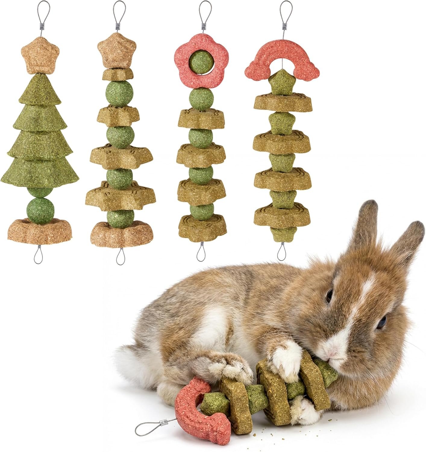 4 Pack Rabbit Chew Toys Bunny Treats, Prevent Teeth Overgrowth, Chew Toys for Guinea Pig/Hamster, Made with Timothy Hay & Vegetables for Rodent Pets, Small Animal Toys