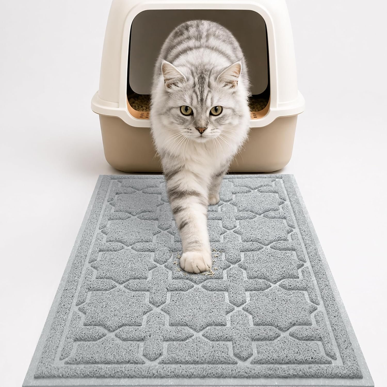 Yimobra Cat Litter Mat, Easy Clean Trapping PVC Mat with Waterproof Backing and Non Slip Bottom, Scatter Control Pad for Litter Box, 24″x20″, Grey
