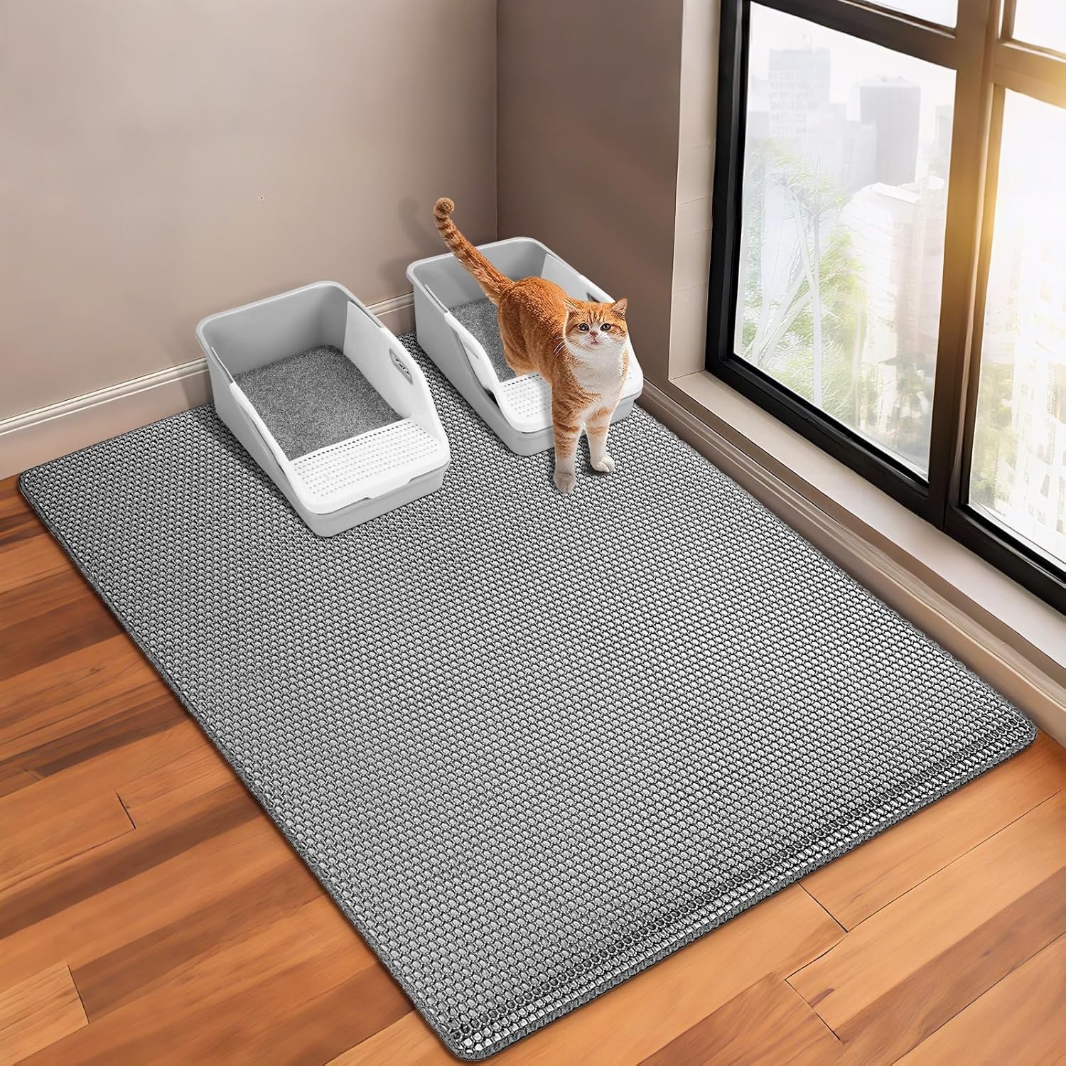 GRELY Cat Litter Mat,XL47”X 28” Extra Large Litter Trapping Mat,Kitty Litter Box Mat,Double Layer Cats Rug for Pet, Litterbox Mats for Floor,Waterproof Urine Proof,Non-Slip
