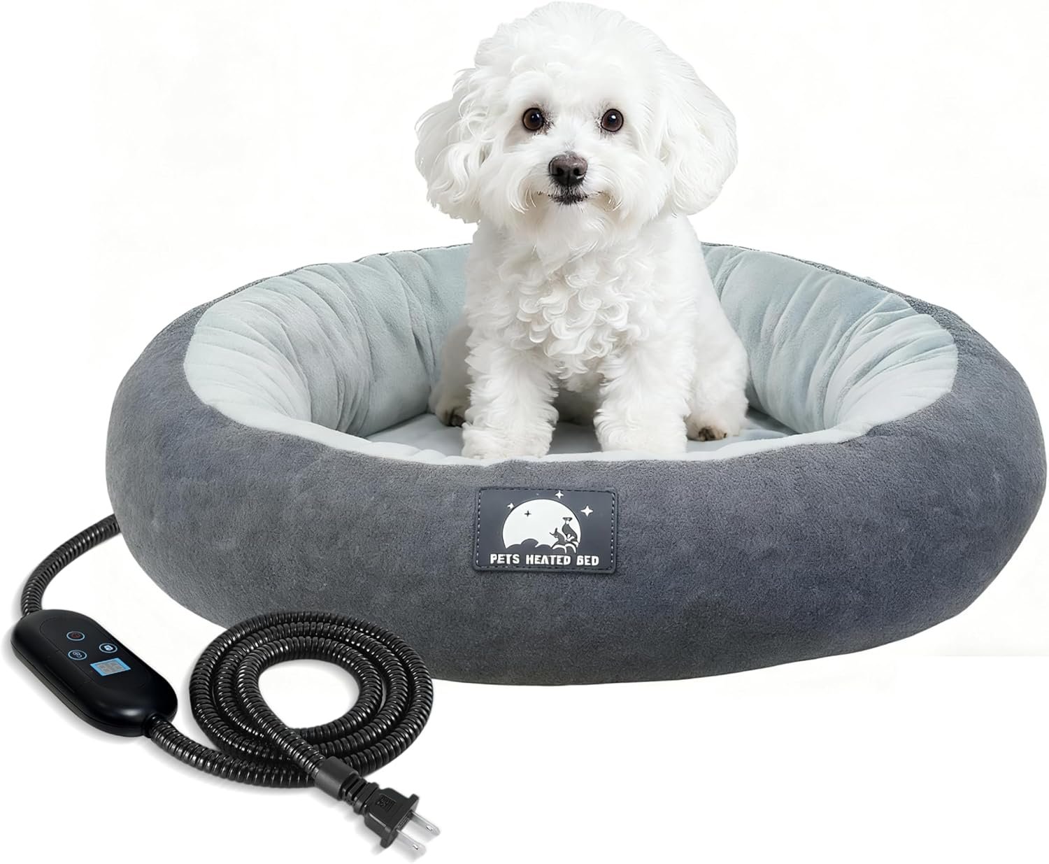 Heated Cat Bed for Small Cats, 19″ Soft & Cozy Donut Pet Bed with Timer & Temp Adjustable Heating Pad for Indoor Kitten, Electric Warmer(A) (Black)
